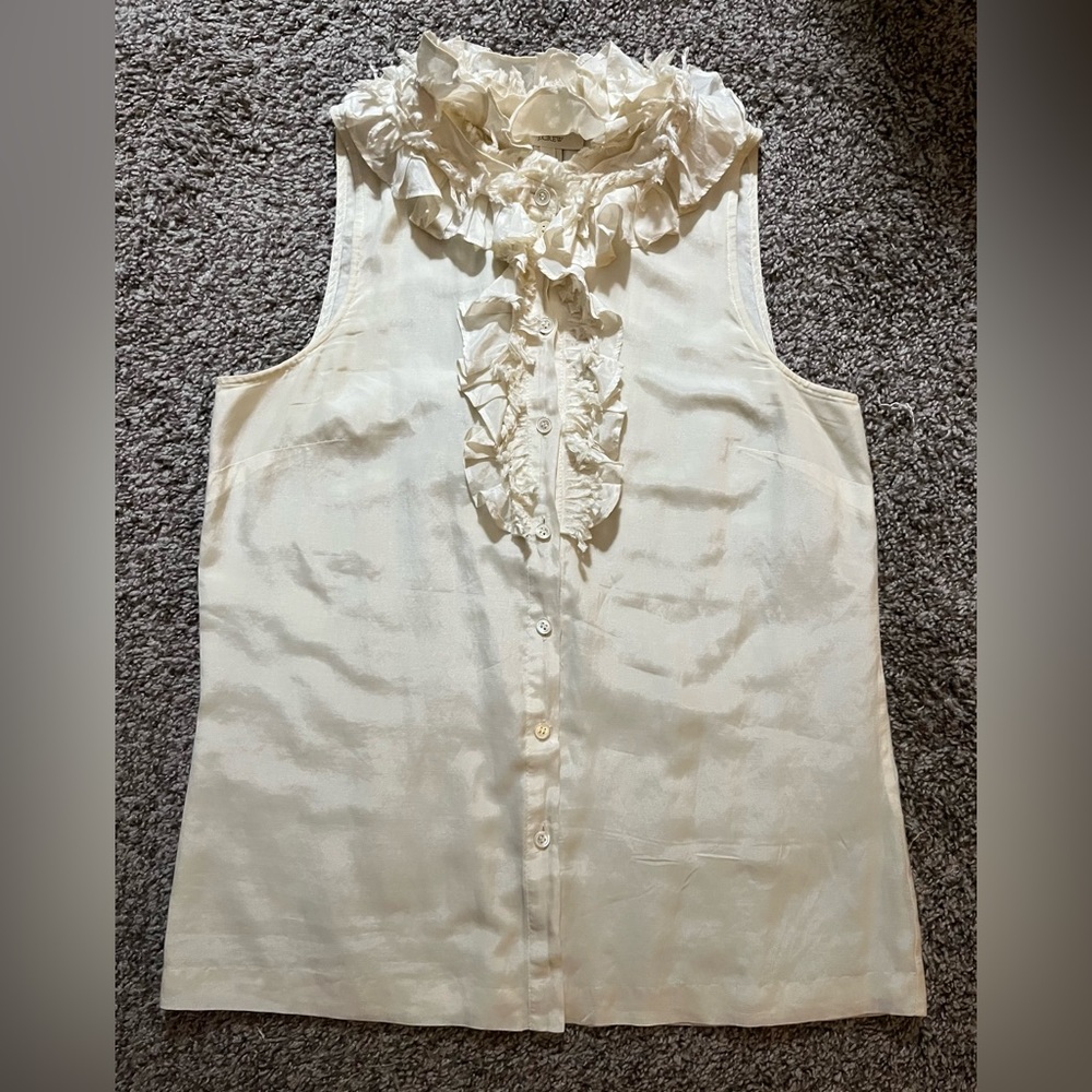 j. Crew ivory/cream silk ruffle neck sleeveless button down blouse size 0